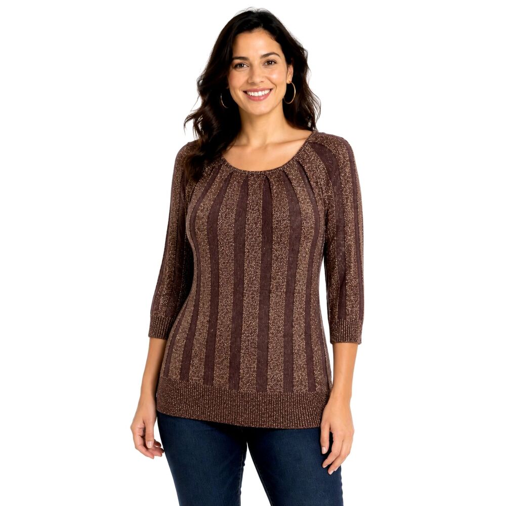 Joseph A. Large Copper Metallic Round Neck Ribbed Knit 3/4 Sleeve Top
